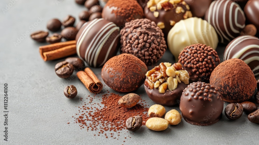 Delicious assortment of gourmet chocolates and coffee beans on a textured surface. Delicious assortment of gourmet chocolates and coffee beans on a textured surface.