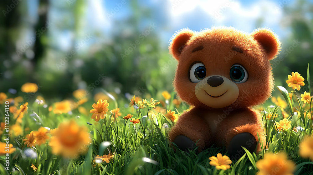 Adorable Teddy Bear in Sunny Meadow, Flowers Bloom Brightly Adorable Teddy Bear in Sunny Meadow, Flowers Bloom Brightly