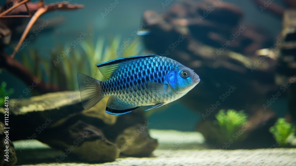 Blue tropical fish swimming in planted aquarium Blue tropical fish swimming in planted aquarium