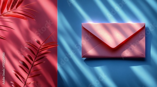 Pink envelope and branches with red leaves on two-tone blue pink background.