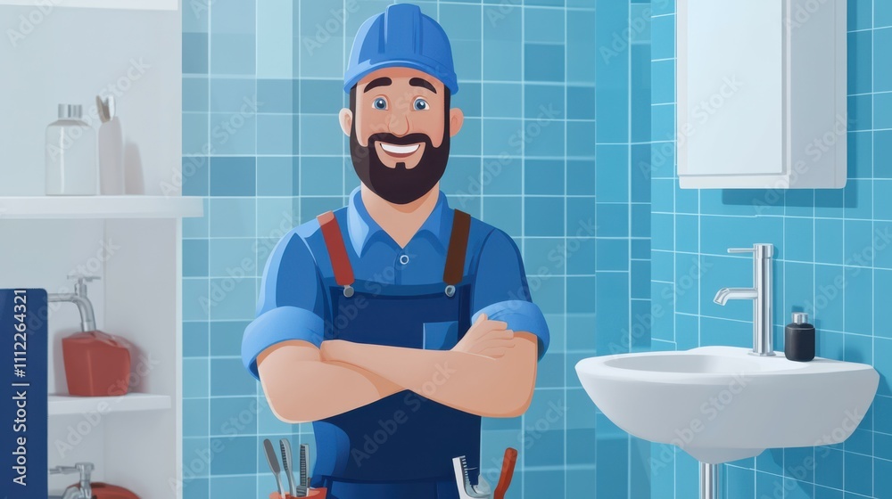 plumbing services. smiling plumber in blue uniform standing in bathroom. banner with copy space plumbing services. smiling plumber in blue uniform standing in bathroom. banner with copy space