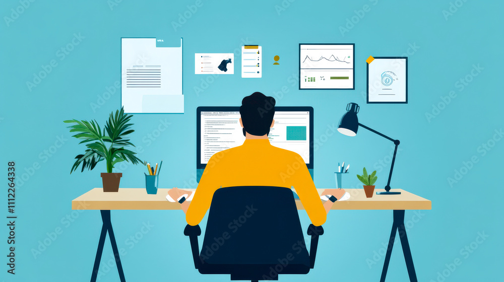 A person working at a desk with a computer, surrounded by plants and wall decor, creating a productive home office environment.