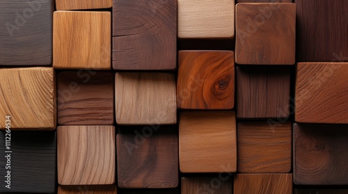 Artful arrangement of wooden blocks displaying diverse natural grains, from dark to light brown, creating an engaging textural and tonal pattern. photo