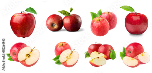 Set of Realistic ripe red Apple fruit. Whole, half and slice cut isolated fruit. 3d vector fresh, crisp sweet natural delight. Ruby-red wedges,bursting with flavor and juiciness,red apple vector set.