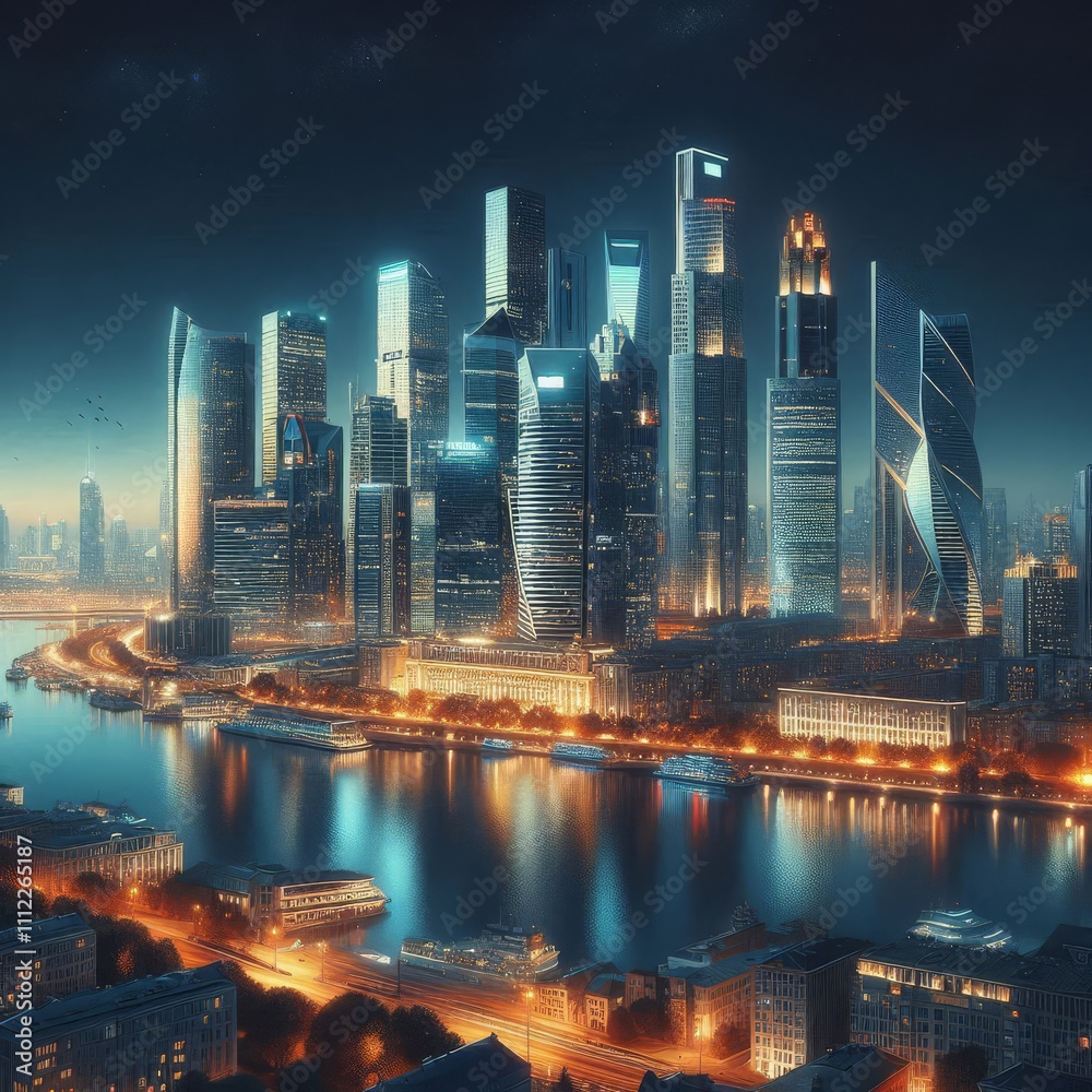 Naklejka premium city skyline with a river and a city in the background.