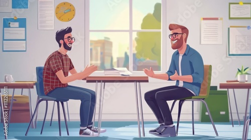 Smiling male professor sitting on desk and talking with male student sitting in classroom at elementary school