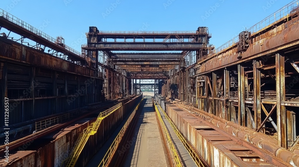 Industrial Abandonment: A Desolate and Rusty Warehouse with Dilapidated Frameworks under a Clear Blue Sky, Perfect for Depicting Urban Decay or Historical Industrial Evolution Industrial Abandonment: A Desolate and Rusty Warehouse with Dilapidated Frameworks under a Clear Blue Sky, Perfect for Depicting Urban Decay or Historical Industrial Evolution