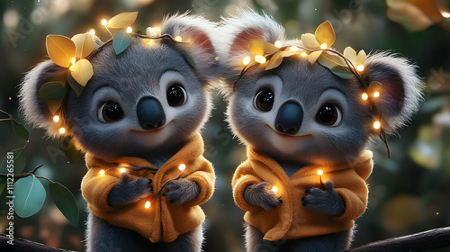 Adorable Koala Bears: Festive Lights & Cozy Sweaters photo