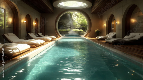 Indoor Pool Relaxation: Tranquil Spa Retreat Design with Serene Waterfall View