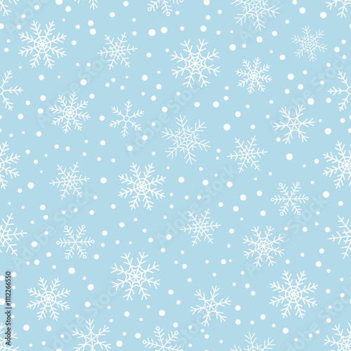 White Snowflake seamless pattern on blue background with scattered dots, perfect for festive winter designs.