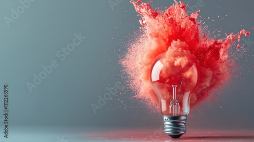 A clear light bulb stands against a colorful background with red paint dynamically exploding around it, symbolizing creativity and innovation. photo