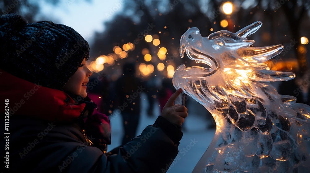 Child interacting with illuminated ice dragon sculpture at winter festival. Child interacting with illuminated ice dragon sculpture at winter festival.