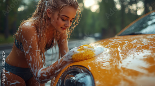 Young woman washing orange car by hand in a sunlit outdoor setting during summer afternoon. Generative AI