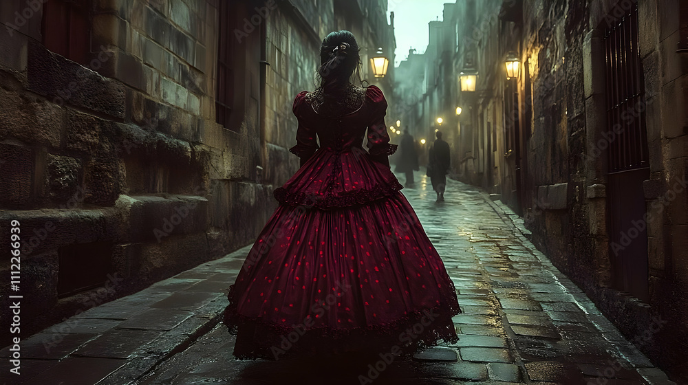 Woman in Red Gown Walks Cobblestone Street at Dusk Woman in Red Gown Walks Cobblestone Street at Dusk