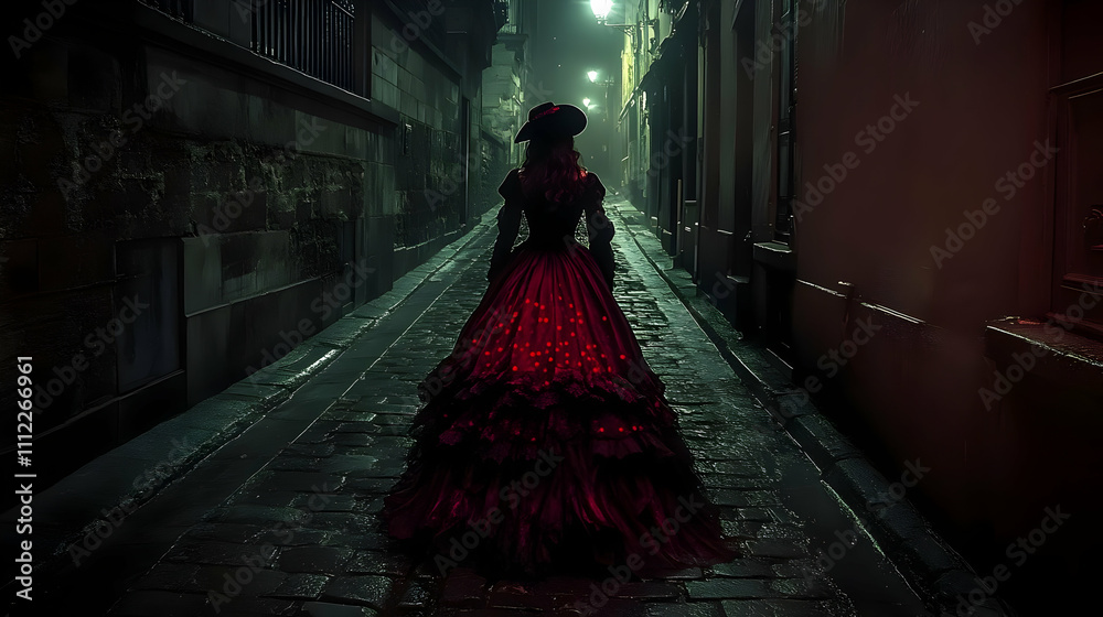 Woman in Red Gown Walks Night Alley, Cobblestone Mystery Woman in Red Gown Walks Night Alley, Cobblestone Mystery