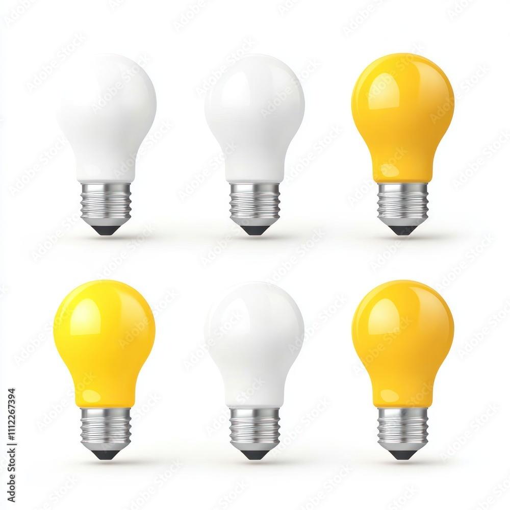 A collection of light bulbs in white and yellow, showcasing a variety of styles and designs for illuminating spaces. A collection of light bulbs in white and yellow, showcasing a variety of styles and designs for illuminating spaces.