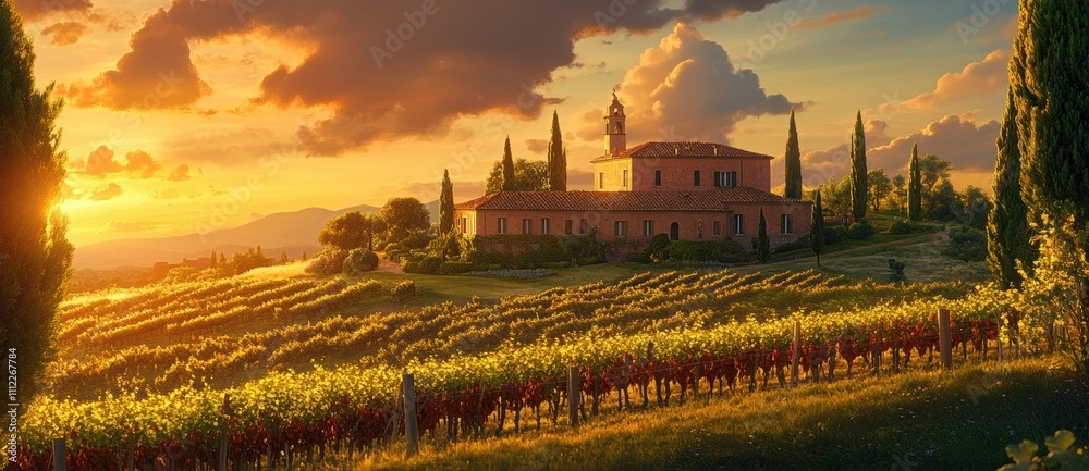 Fototapeta premium Breathtaking Sunset Over aIdyllic Vineyard Landscape with a Charming Villa Nestled Among Rolling Hills and Lush Grapevines in a Picturesque Countryside Setting