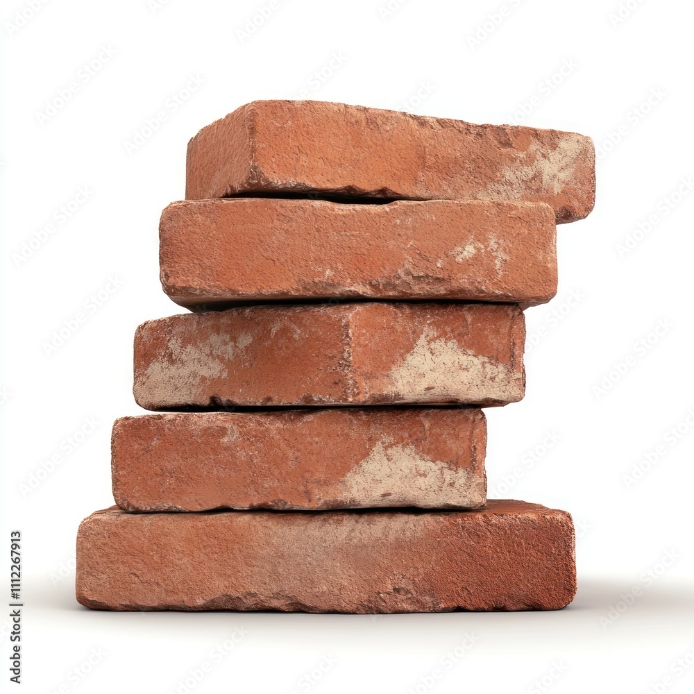 A stack of five weathered red bricks, showcasing a rustic texture and earthy tones, ideal for construction or design projects. A stack of five weathered red bricks, showcasing a rustic texture and earthy tones, ideal for construction or design projects.