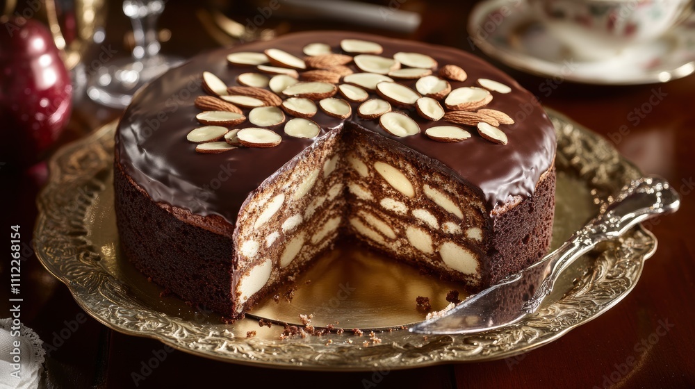 Chocolate Layer Cake with Almonds and Biscuit Base, Elegant Dessert Presentation for Special Occasions Featuring a Rich and Decadent Look Chocolate Layer Cake with Almonds and Biscuit Base, Elegant Dessert Presentation for Special Occasions Featuring a Rich and Decadent Look