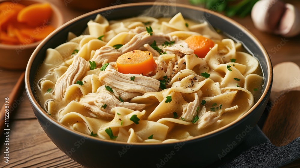 A bowl of homemade chicken noodle soup with hearty egg noodles, tender chicken pieces, and sliced carrots, garnished with fresh parsley, served in a dark bowl on a wooden table. A bowl of homemade chicken noodle soup with hearty egg noodles, tender chicken pieces, and sliced carrots, garnished with fresh parsley, served in a dark bowl on a wooden table.