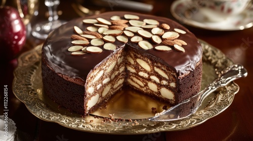 Chocolate Layer Cake with Almonds and Biscuit Base, Elegant Dessert Presentation for Special Occasions Featuring a Rich and Decadent Look