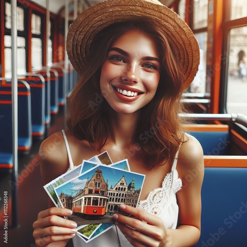 Postcard Fan Travel Enthusiasm Holding a colorful postcard her s photo