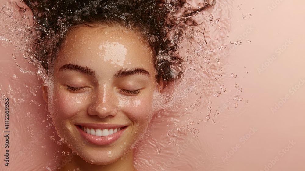 Fototapeta premium skin care and hydration concept. smiling woman with eyes closed and water splash around the face on light pink background