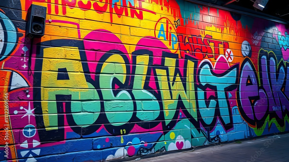 Vibrant Graffiti Wall, Urban Art, Colorful Street Art, Artistic Backdrop, Bold Colors, Vivid Hues