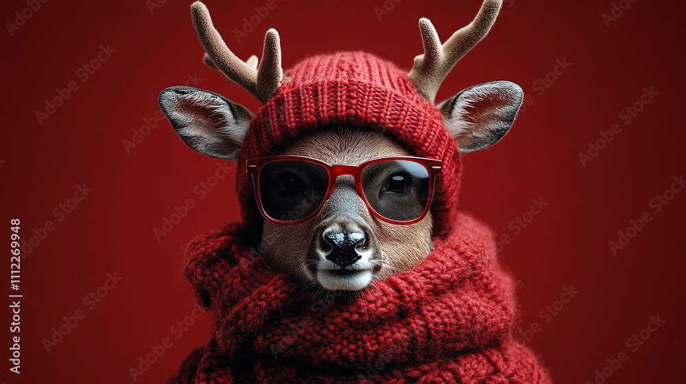 Naklejka premium Merry Christmas holiday winter greeting card , Cool reindeer Rudolf deer with antlers,