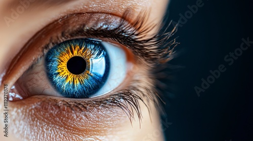 Close-up of a vibrant human eye showcasing intricate details and colors. photo