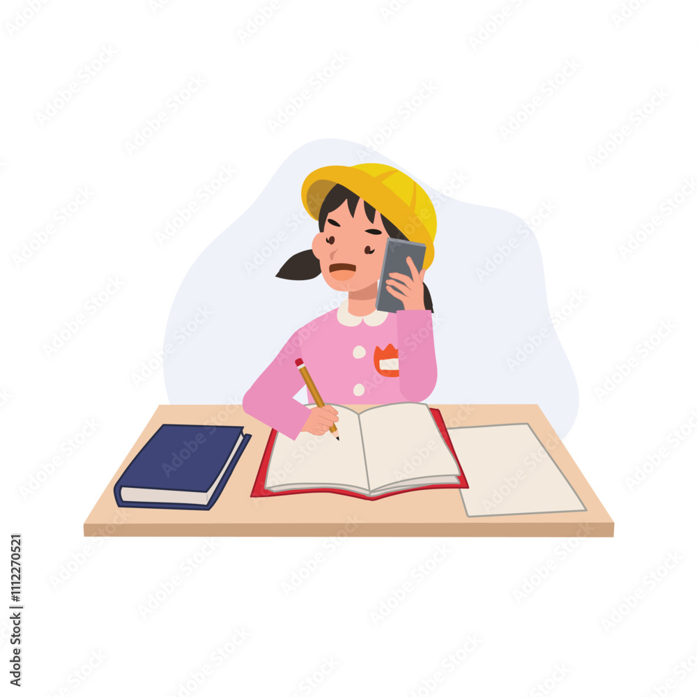 japanese kindergarten girl multitasking with phone and homework at school desk japanese kindergarten girl multitasking with phone and homework at school desk