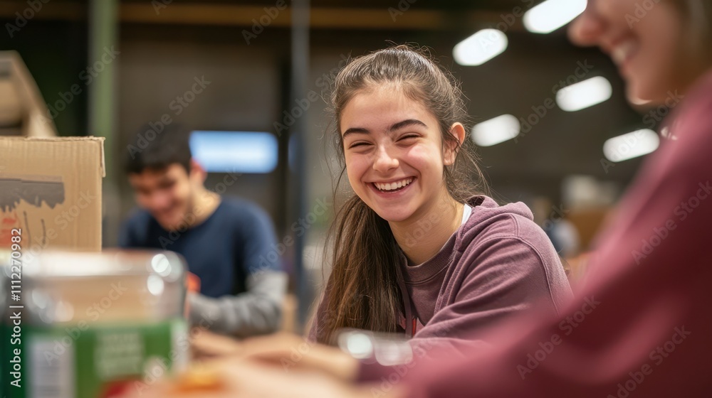 Teens engage in community service at a food bank, packing canned goods with smiles and collaboration in bright indoor setting Teens engage in community service at a food bank, packing canned goods with smiles and collaboration in bright indoor setting