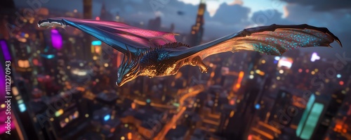 A majestic fantasy dragon soars over a vibrant futuristic cityscape. Neon lights illuminate the towering buildings below, creating a stunning contrast with the dragon's scales.