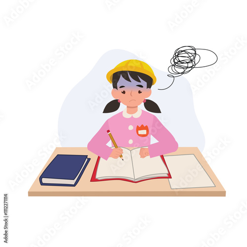 A young girl in a japanese kindergarten uniform struggles with difficult homework at her school desk.