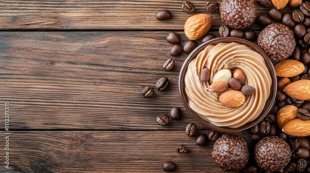 Delicious dessert with creamy frosting, nuts, and coffee beans on wooden background. Delicious dessert with creamy frosting, nuts, and coffee beans on wooden background.