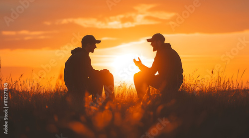 Silhouette of two friends sitting and talking at sunset, during the golden hour. Two men having a conversation in silhouette against an orange sky