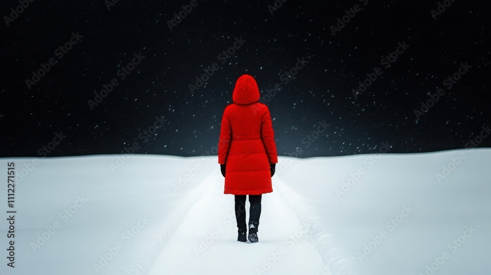 a solitary person walking under a heavy snowfall, wearing a bright red coat a solitary person walking under a heavy snowfall, wearing a bright red coat