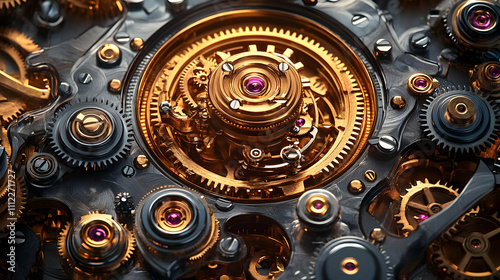 Intricate Gears Interlock: Precise Mechanism's Golden Movement