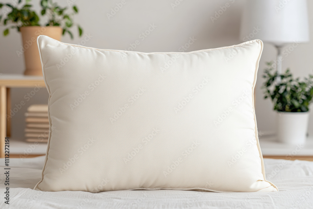 Comfortable cushion resting on bed in light-filled room, modern relaxation style Comfortable cushion resting on bed in light-filled room, modern relaxation style