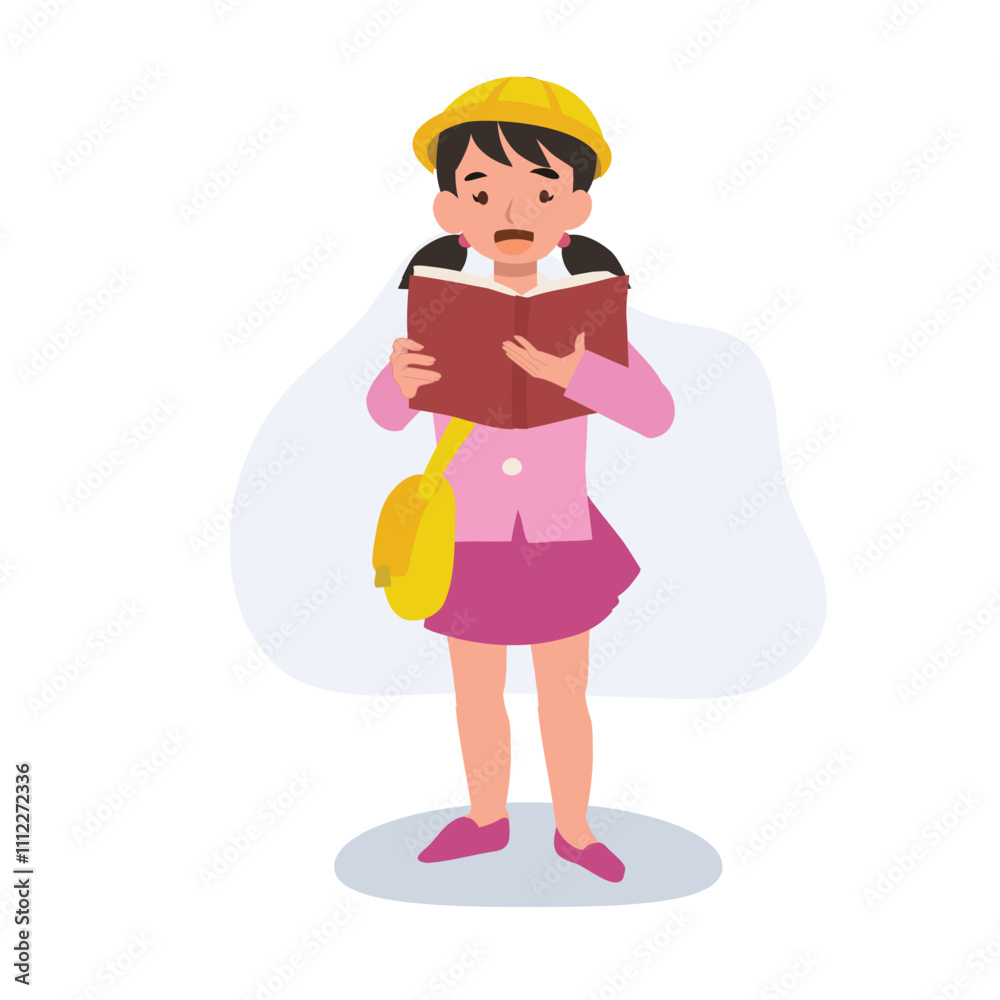 preschool girl reading book in school uniform learning education preschool girl reading book in school uniform learning education