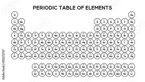 Minimalistic black periodic table with clear icons and atomic information, ideal for educational and research use in school and lab settings. Organized by groups and periods.