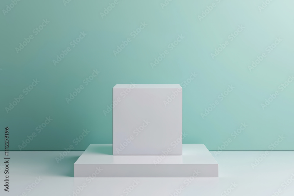 White cube standing on a pedestal in minimalist studio setting White cube standing on a pedestal in minimalist studio setting