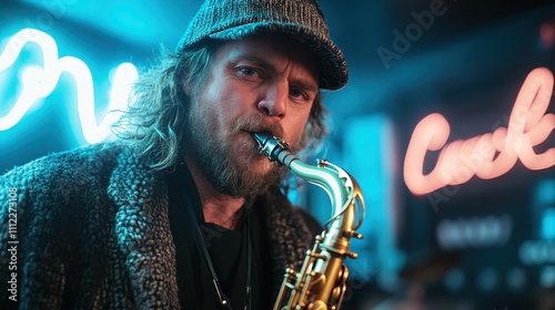 A street musician clad in a warm coat and hat plays the saxophone passionately under vibrant neon lights, creating an evocative scene filled with raw emotion and talent. photo