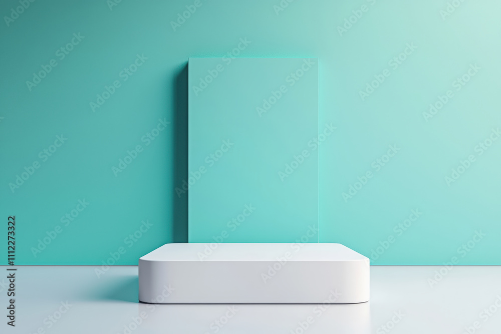 White rectangular podium on glossy floor with teal backdrop for product presentation White rectangular podium on glossy floor with teal backdrop for product presentation