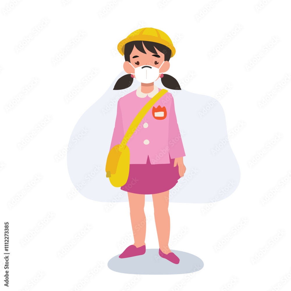 young girl in japanese kindergarten uniform with face mask, showcasing health-conscious early education young girl in japanese kindergarten uniform with face mask, showcasing health-conscious early education