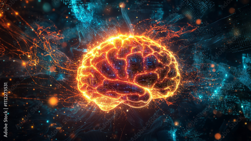 A close-up view of a futuristic AI brain, formed by intricate circuits and glowing neural networks, surrounded by data streams and digital codes floating in a dark environment A close-up view of a futuristic AI brain, formed by intricate circuits and glowing neural networks, surrounded by data streams and digital codes floating in a dark environment