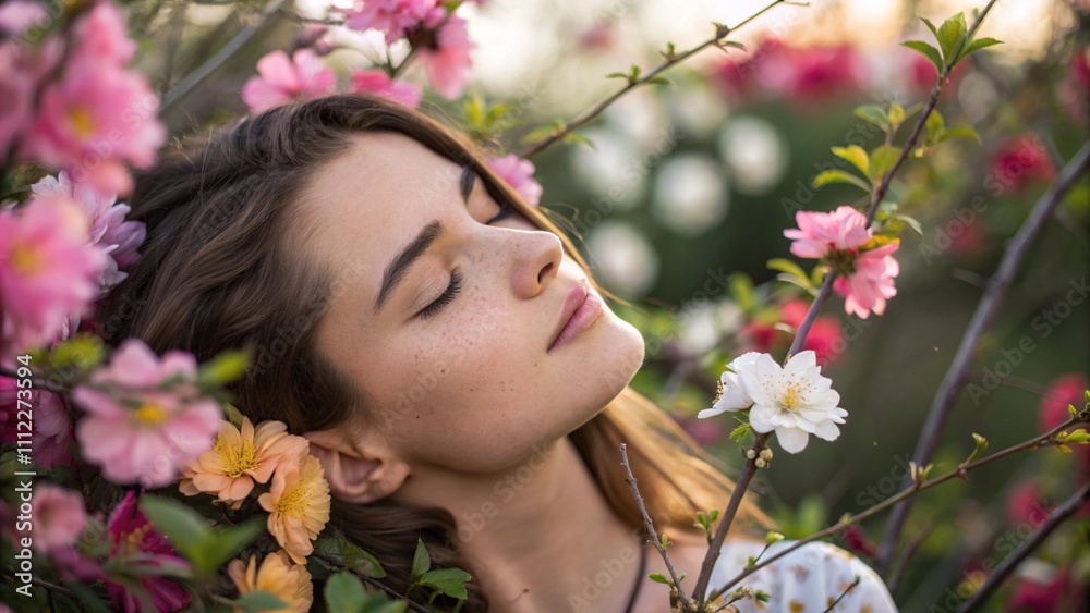 Serene young woman surrounded by vibrant flowers, nature's beauty. Serene young woman surrounded by vibrant flowers, nature's beauty.