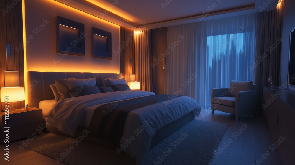 A luxurious bedroom with a modern, oversized bed adorned with soft bedding, a stylish armchair in the corner, and ambient lighting that adds warmth to the peaceful and comfortable environment A luxurious bedroom with a modern, oversized bed adorned with soft bedding, a stylish armchair in the corner, and ambient lighting that adds warmth to the peaceful and comfortable environment