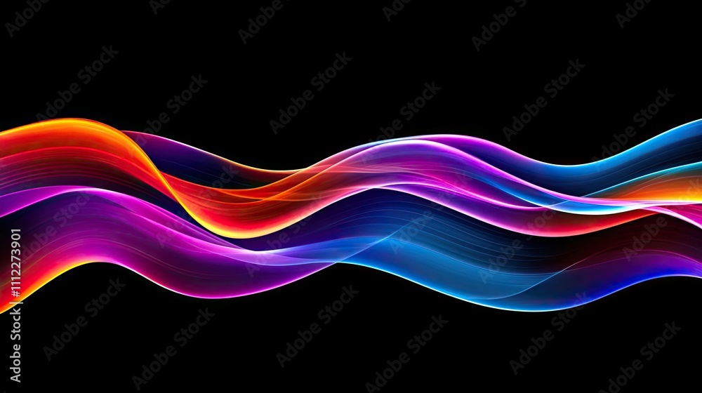 Colorful abstract waves on black background, smooth flowing design.