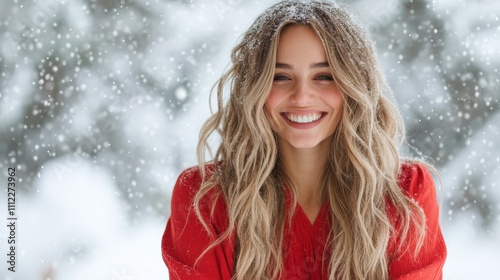 A joyous woman wrapped in vibrant red stands amidst floating snowflakes, capturing pure winter bliss in a picturesque and serene snowy landscape setting.